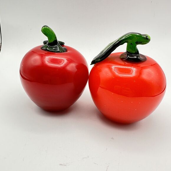 X2 Vintage Hand Blown Art Glass Red Apples Kitchen Decor Fruit Kitsch - Picture 4 of 5